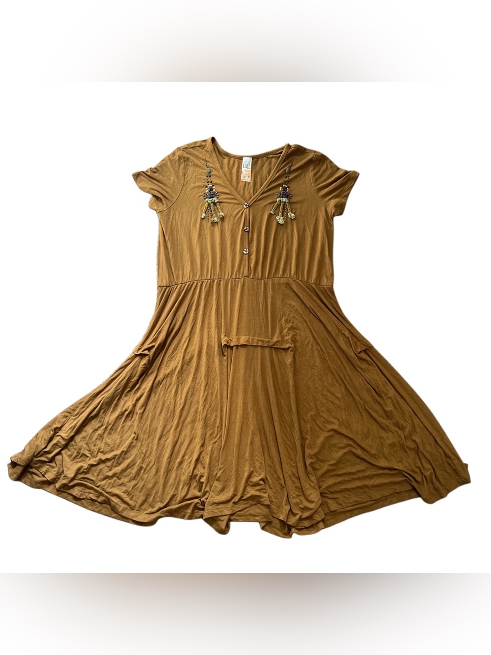 Boho Short Sleeve Swing Dress in Mustard Brown